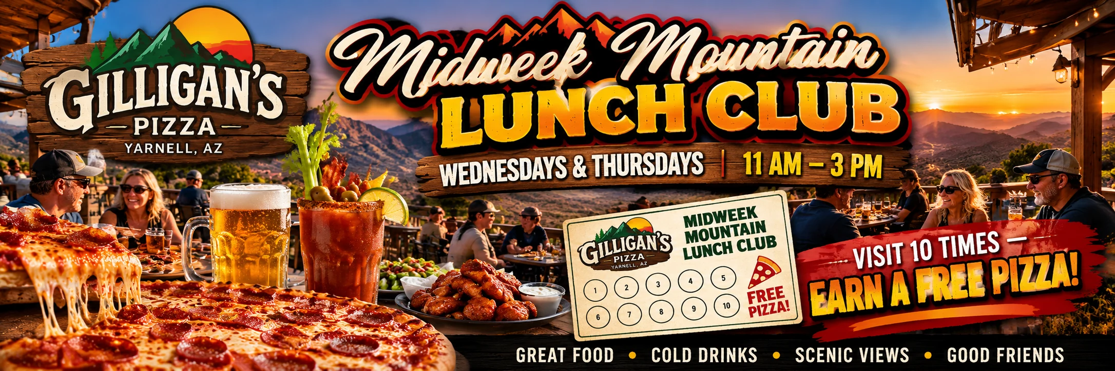 Midweek Mountain Lunch Club promotional poster with guests sharing pizza and a ten-punch reward card