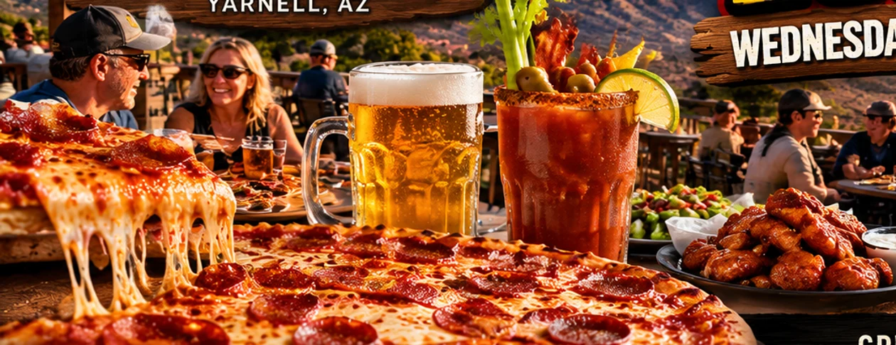 Pizza, cold beer and Bloody Mary on the mountain deck