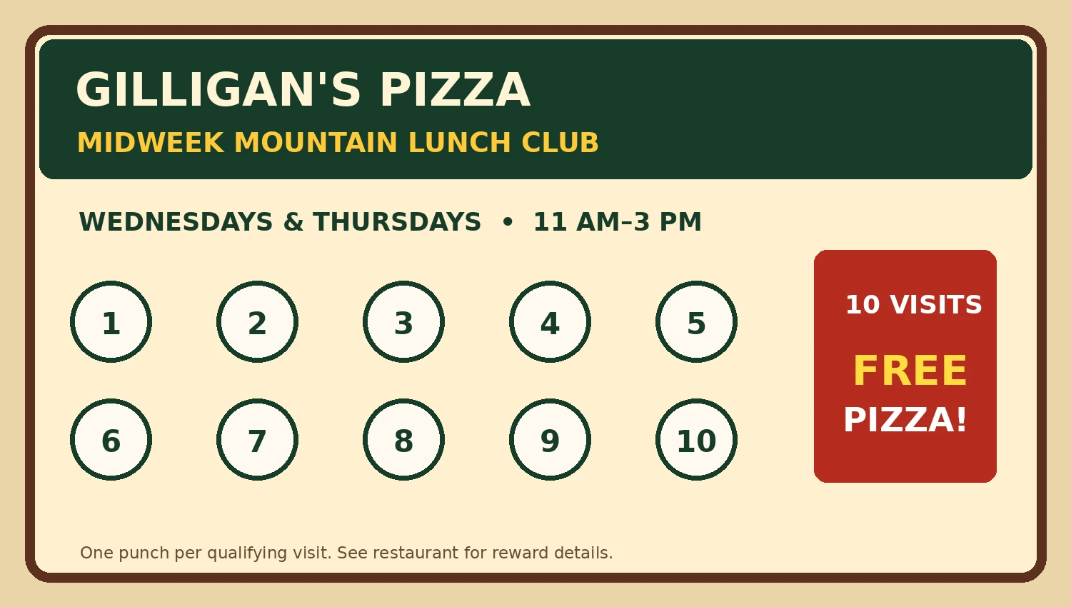 Gilligan’s Midweek Mountain Lunch Club punch card with ten numbered circles and a free pizza reward