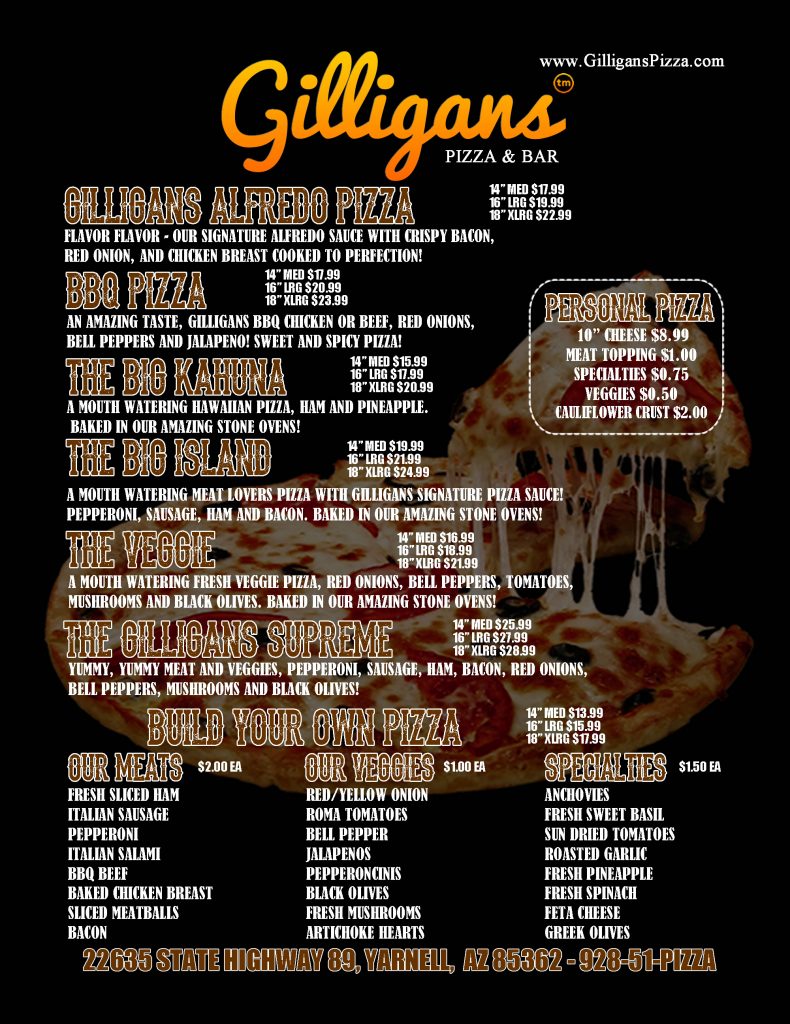 Gilligans Pizza & Bar Menu Gilligans Pizza & Bar Yarnell Arizona