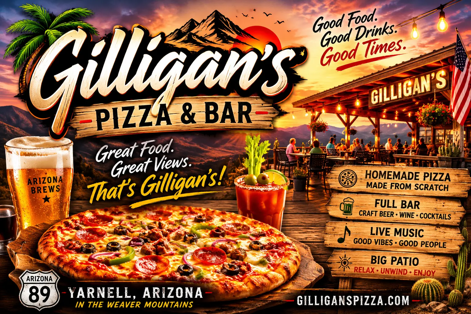 Gilligan’s Pizza & Bar in Yarnell, Arizona: pizza, drinks, patio, and mountain sunset
